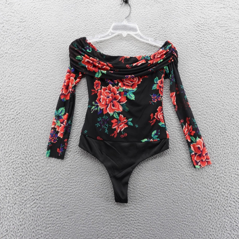 AFRM Los Angeles Black Floral‎ Off Shoulder Long Sleeve Bodysuit Small NEW